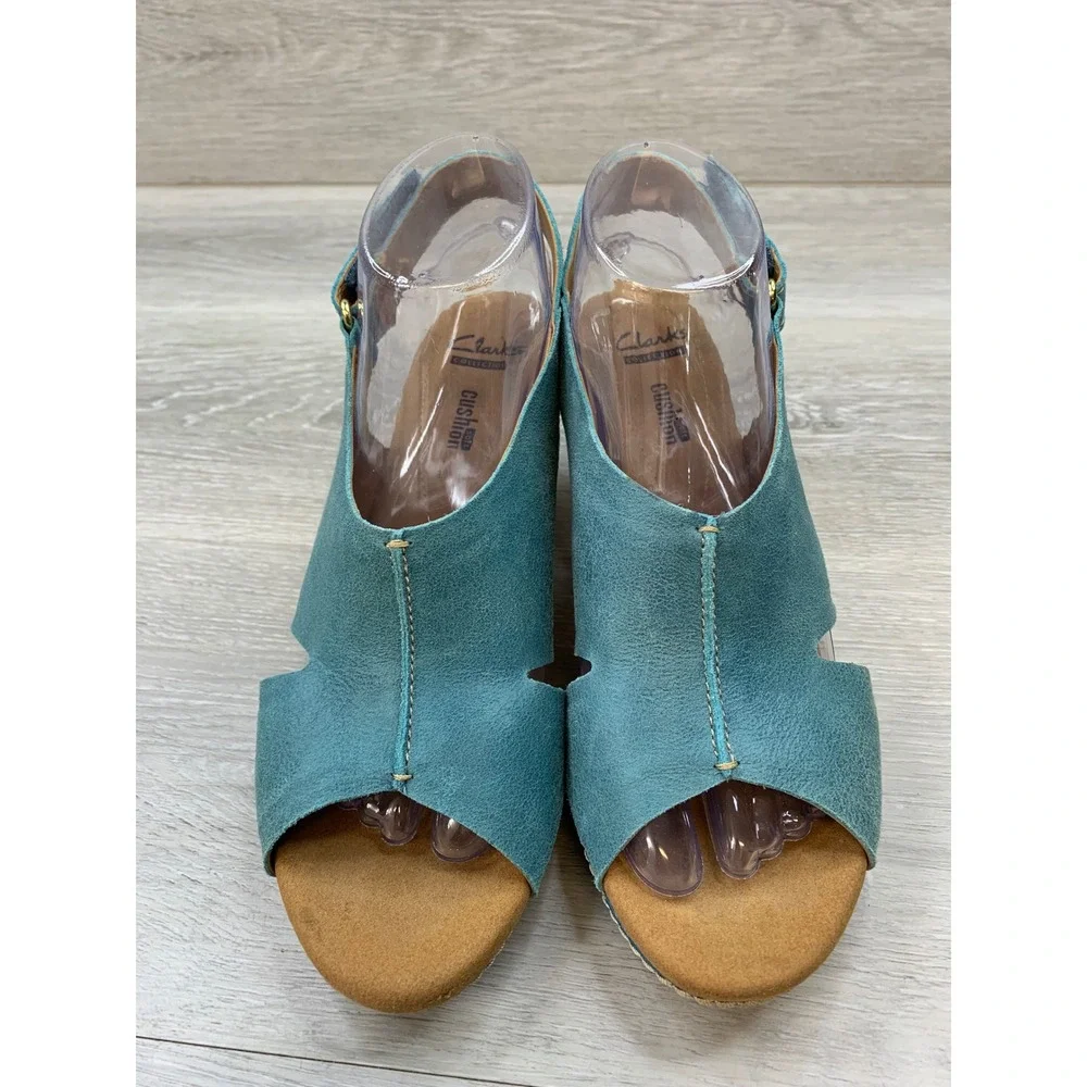 Clarks Women's Teal Blue Suede Cork Wedge Sandals 9 Casual Comfort Shoes